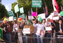 Libyan students demonstrate against the NATO bombing of Tripoli during US President Obama’s visit to Buckingham Palace in May