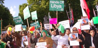 Libyan students demonstrate against the NATO bombing of Tripoli during US President Obama’s visit to Buckingham Palace in May
