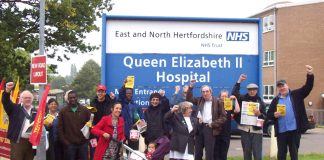 Welwyn and Hatfield Keep NHS Public campaigners with supporters from the North East London Council of Action picket to demand the QEII Hospital be kept open