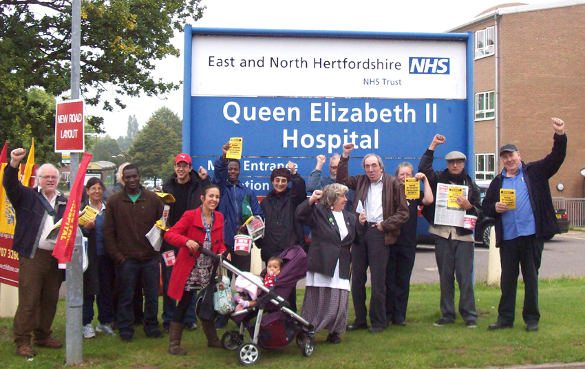 Welwyn and Hatfield Keep NHS Public campaigners with supporters from the North East London Council of Action picket to demand the QEII Hospital be kept open