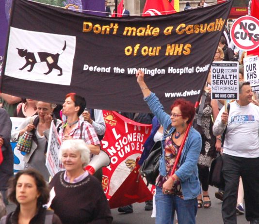 A section of July’s 5,000-strong march to parliament to oppose the coalition’s Health Bill, organised by the health union Unite