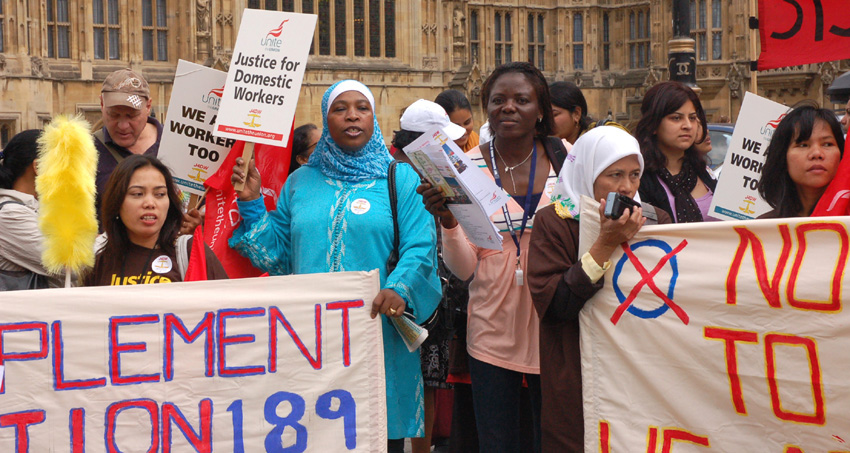 Migrant domestic workers campaigning against coalition plans to change their status outside the Houses of Parliament yesterday midday. See feature in tomorrow’s News Line