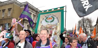 Midlands GMB members on the march against the Tory coalition government’s savage budget cuts