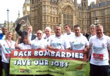 ‘Back Bombardier – Save Our Jobs’ was the message from the trade unions outside parliament yesterday