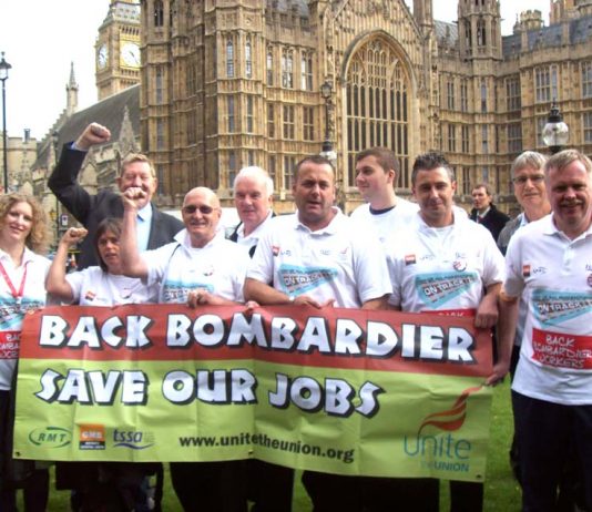 ‘Back Bombardier – Save Our Jobs’ was the message from the trade unions outside parliament yesterday