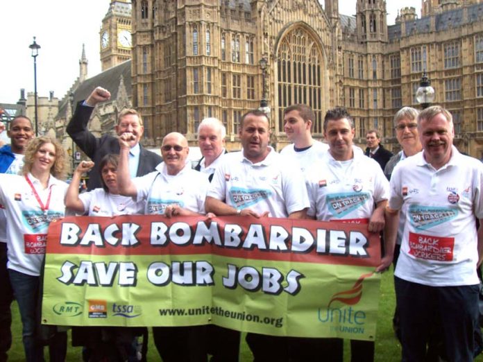 ‘Back Bombardier – Save Our Jobs’ was the message from the trade unions outside parliament yesterday