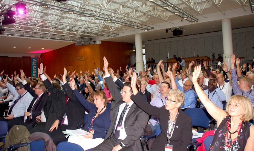 TUC Congress delegates voting for co-ordinated strike action to defend jobs and pensions on Monday