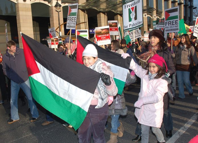 Part of a mass demonstration in London for a Palestinian state – the UK is supporting a US veto of Palestine at the United Nations