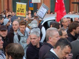 Building workers gather at King’s Cross on Wednesday morning