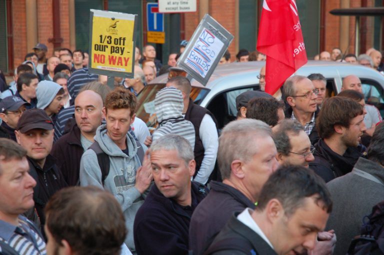 Building workers gather at King’s Cross on Wednesday morning