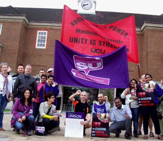 A strong picket line at Middlesex University yesterday saw the students union supporting members of Unite and the UCU who were striking to defend their jobs