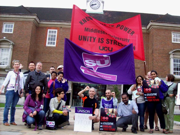 A strong picket line at Middlesex University yesterday saw the students union supporting members of Unite and the UCU who were striking to defend their jobs