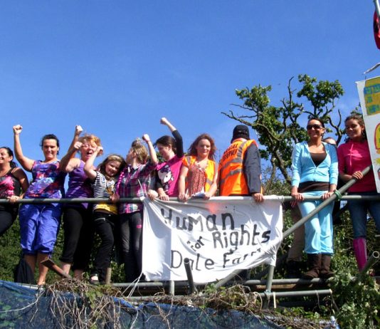 Defiant Dale Farm residents on Monday 19th September, atop the scaffolding erected to keep out the bailiffs