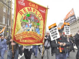 GMB members with Remploy workers marching to defend jobs and public services