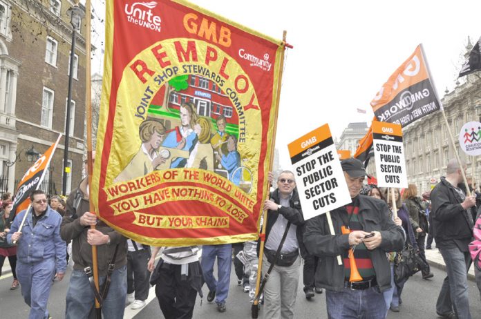 GMB members with Remploy workers marching to defend jobs and public services