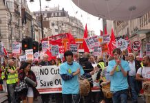 Youth and workers marching through central London against the Coalition’s Health and Social Care Bill in July