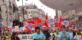 Youth and workers marching through central London against the Coalition’s Health and Social Care Bill in July