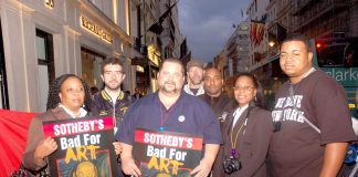 Teamsters Local 814 members and Transport Workers Union Local 100 members outside Sotheby’s in New Bond Street on Thursday night