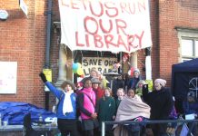 Save Kensal Rise Library campaigners were joined by local children outside the library yesterday morning