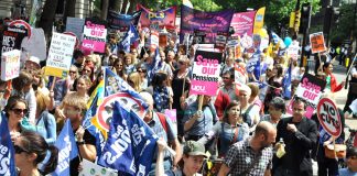 Striking civil servants, school teachers and college lecturers on the march to defend pensions in June this year