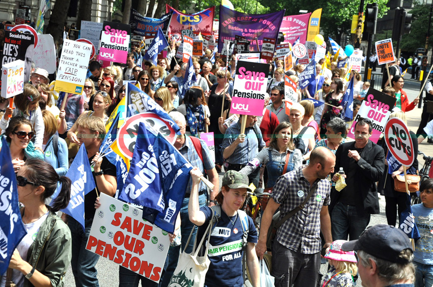 Striking civil servants, school teachers and college lecturers on the march to defend pensions in June this year