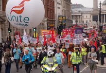Unite leading a demonstration to mark the 63rd anniversary of the NHS in July this year