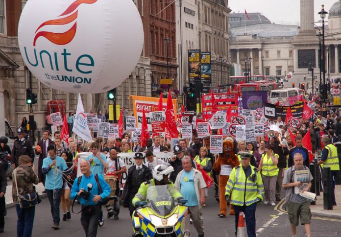 Unite leading a demonstration to mark the 63rd anniversary of the NHS in July this year
