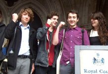 Callum Hurley and Katy Moore and supporters challenging the government over tuition fee rises yesterday at the High Court