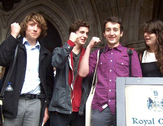 Callum Hurley and Katy Moore and supporters challenging the government over tuition fee rises yesterday at the High Court