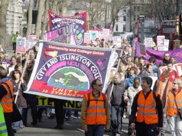 Students march alongside their lecturers on the UCU strike on March 24 this year