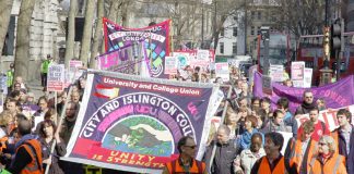 Students march alongside their lecturers on the UCU strike on March 24 this year