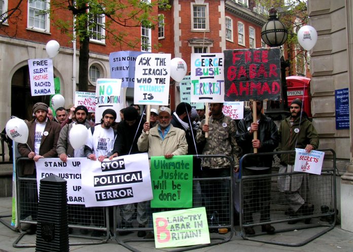 Protest against the extradition of Babar Ahmad in May 2005 outside Bow Street Magistrates Court