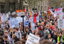 A section of the 10,000-strong student march as it approached Trafalgar Square yesterday