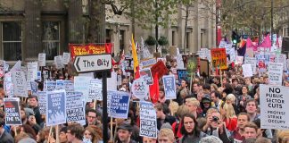 A section of the 10,000-strong student march as it approached Trafalgar Square yesterday