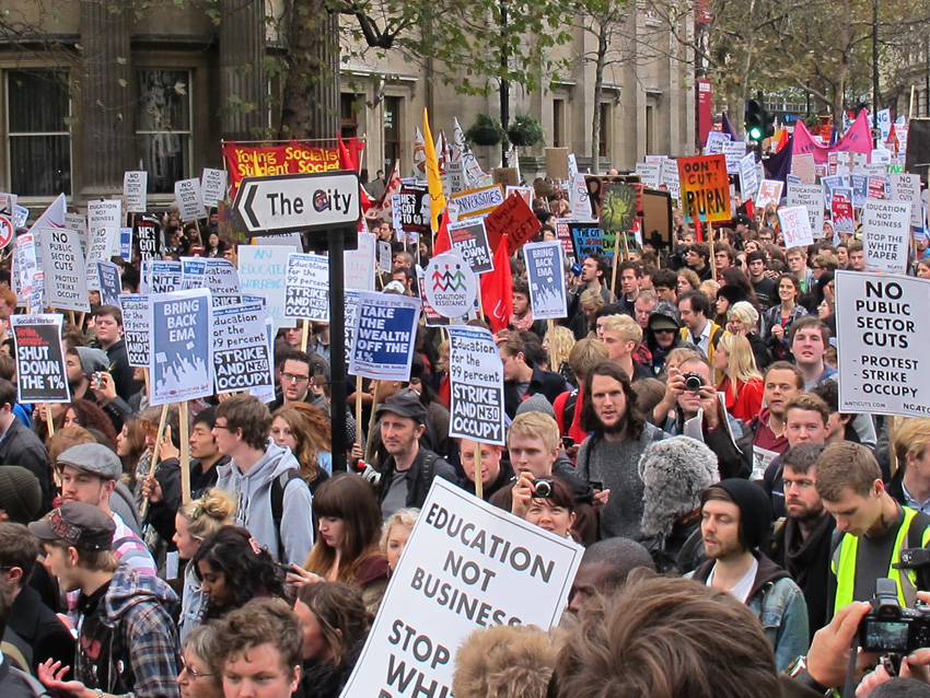 A section of the 10,000-strong student march as it approached Trafalgar Square yesterday