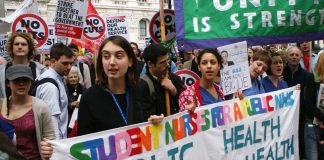 Student nurses marching last May in defence of the NHS