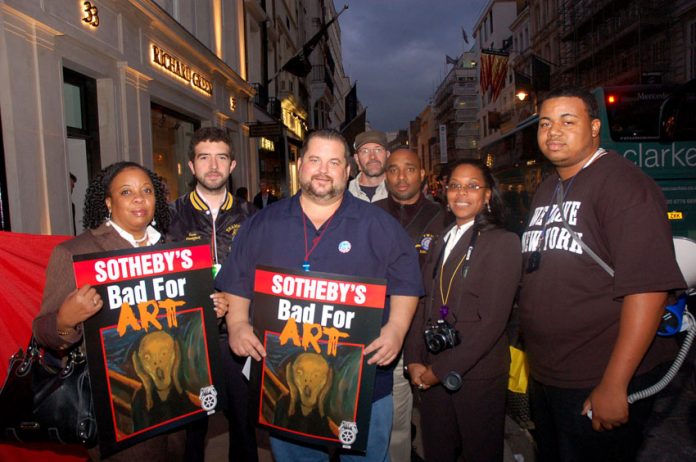 Locked-out Teamsters art handlers at Sotheby’s picket the company’s headquarters in London last month
