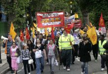 The front of a very determined and enthusiastic march in Enfield in June 2009 to keep Chase Farm Hospital open