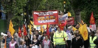 The front of a very determined and enthusiastic march in Enfield in June 2009 to keep Chase Farm Hospital open