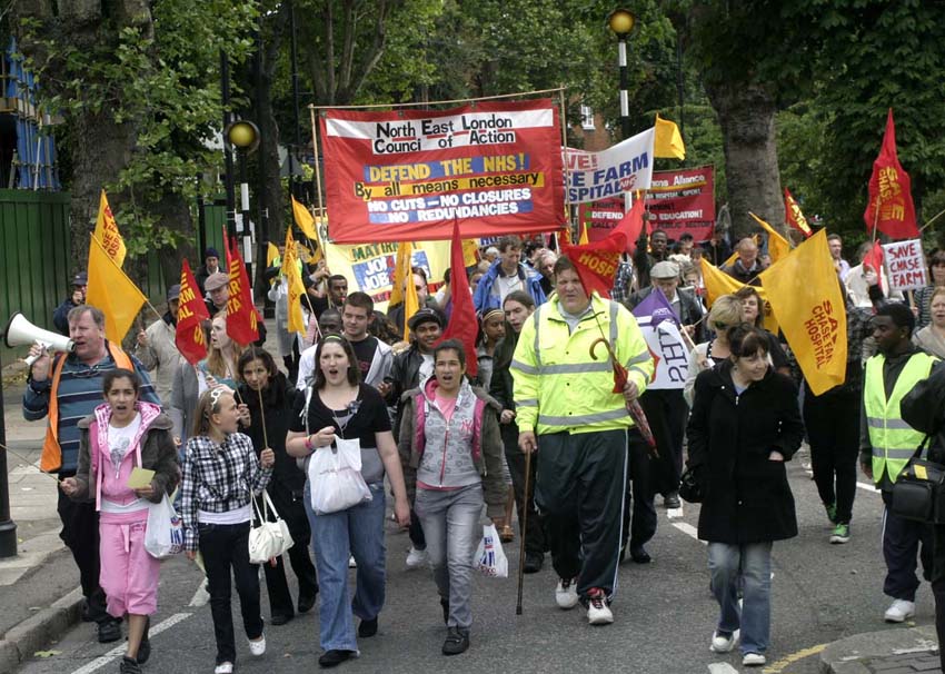The front of a very determined and enthusiastic march in Enfield in June 2009 to keep Chase Farm Hospital open
