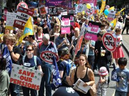 Teachers marching on June 30 against pension cuts