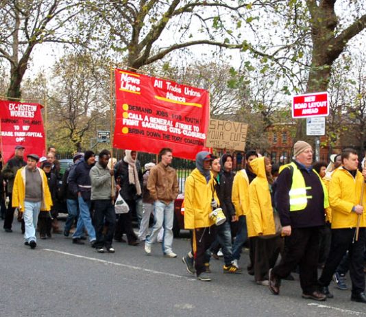 Young Socialists marching through east London to last year’s News Line Anniversary on November 21. They had marched from  Manchester to London demanding jobs for youth and warning workers that the only way to deal with the Tory-led coalition was to bring
