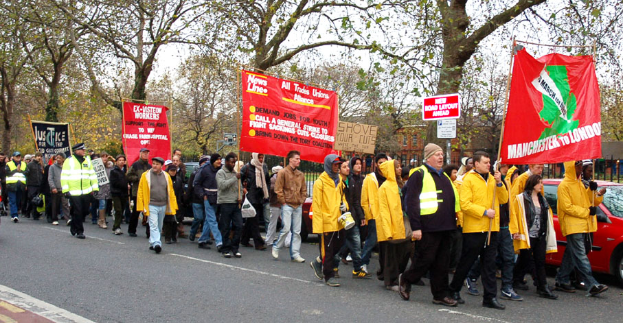 Young Socialists marching through east London to last year’s News Line Anniversary on November 21. They had marched from  Manchester to London demanding jobs for youth and warning workers that the only way to deal with the Tory-led coalition was to bring