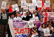 Domestic workers demonstrating outside Parliament demanding ‘No return to slavery’