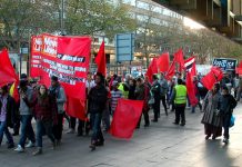 The front of the march to the News Line Anniversary rally which got an enthusiastic response throughout the route through East London