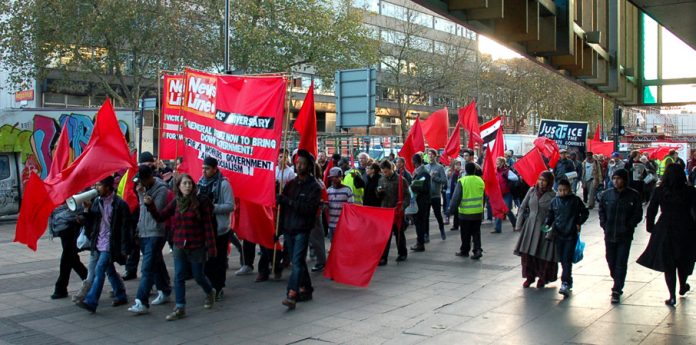 The front of the march to the News Line Anniversary rally which got an enthusiastic response throughout the route through East London