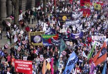 Large numbers of teachers took part in the 500,000-strong TUC demonstration on March 26 – hundreds of thousands of teachers will be on strike on tomorrow