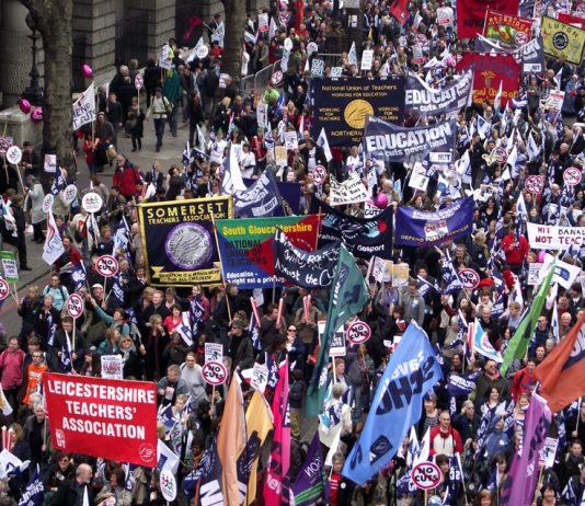 Large numbers of teachers took part in the 500,000-strong TUC demonstration on March 26 – hundreds of thousands of teachers will be on strike on tomorrow
