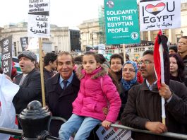 Egyptians crowds in Trafalgar Square last February show their support for the Egyptian revolution