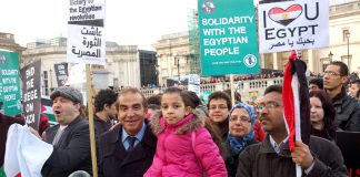 Egyptians crowds in Trafalgar Square last February show their support for the Egyptian revolution